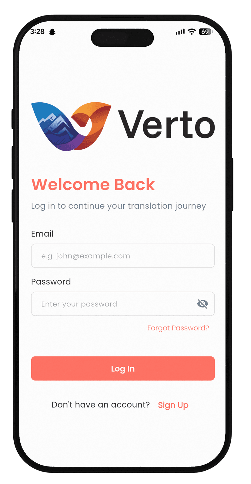 Verto Login Screen